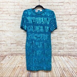 VTG 1980’s Stenay Womens Dress Size 6 Short Sleeve 100% Pure Silk Sequins Teal
